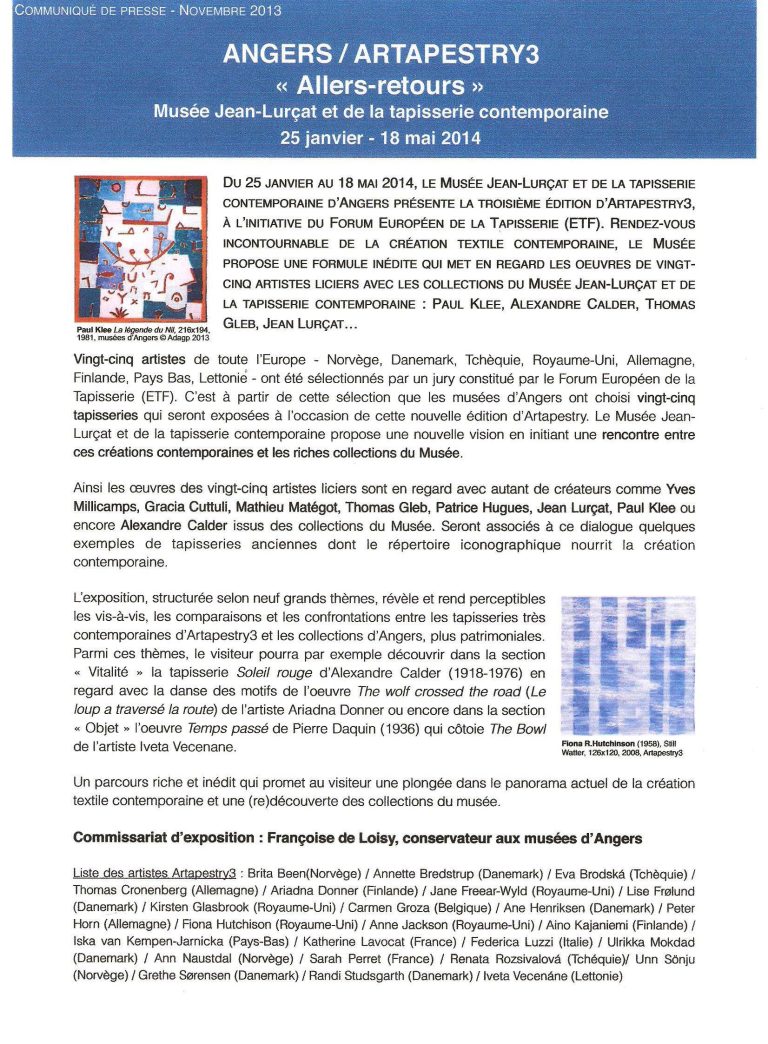 Communication de presse — Artapestry 3, Angers, 2014